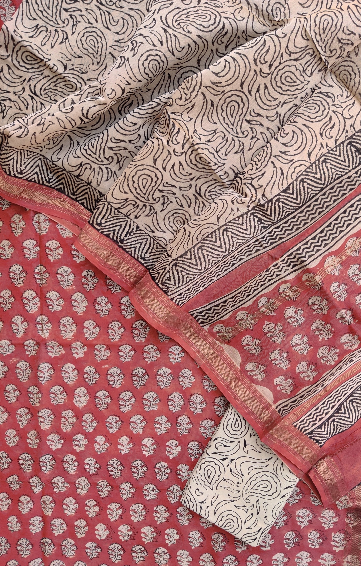 (SALE) HAND BLOCK PRINTED MAHESHWARI SILK SUIT WITH MAHESHWARI SILK DUPATTA