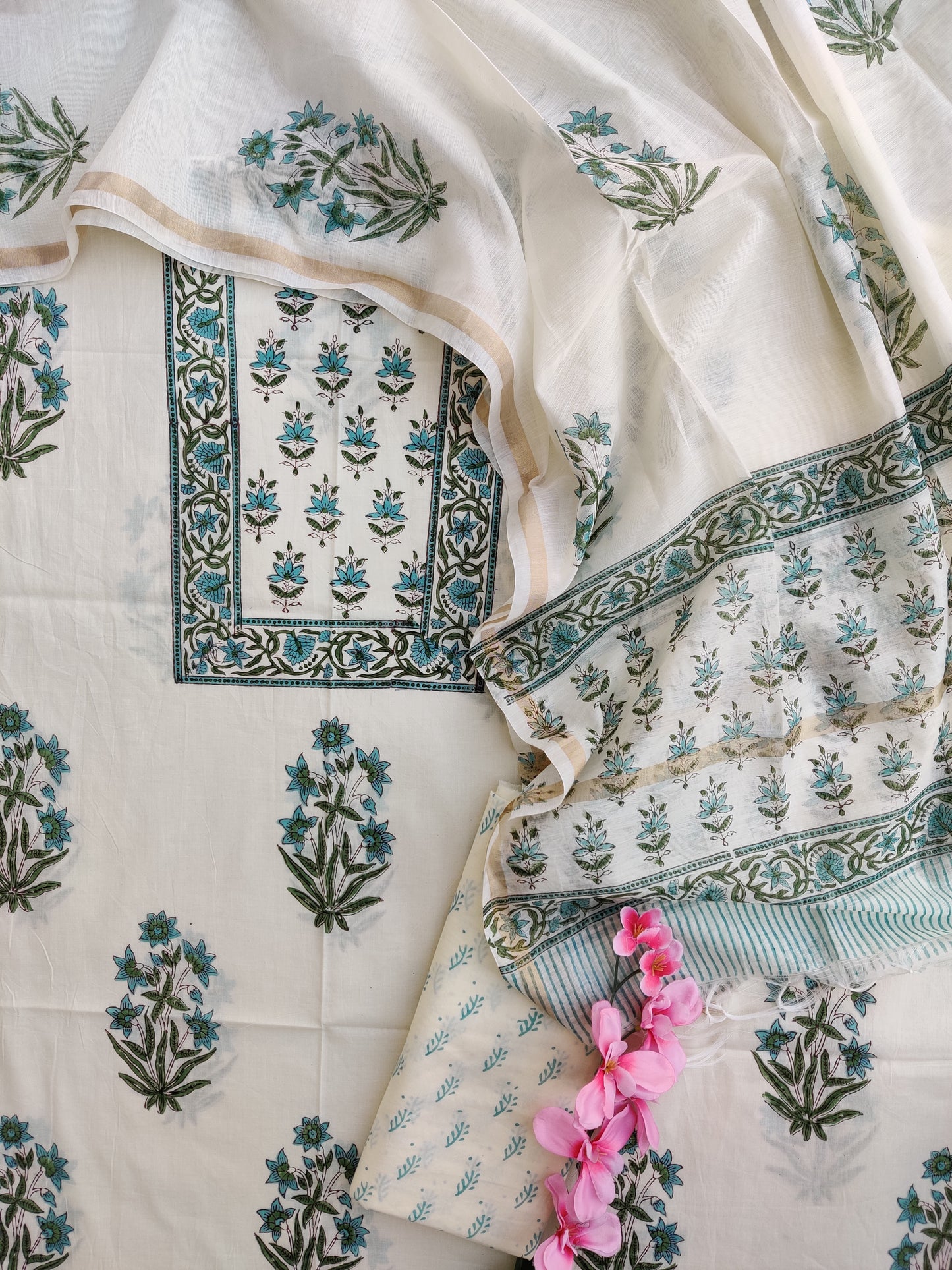 PANEL Hand Block Printed Cotton Suit with Mul Chanderi Dupatta