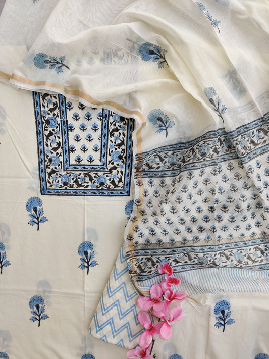 PANEL Hand Block Printed Cotton Suit with Mul Chanderi Dupatta