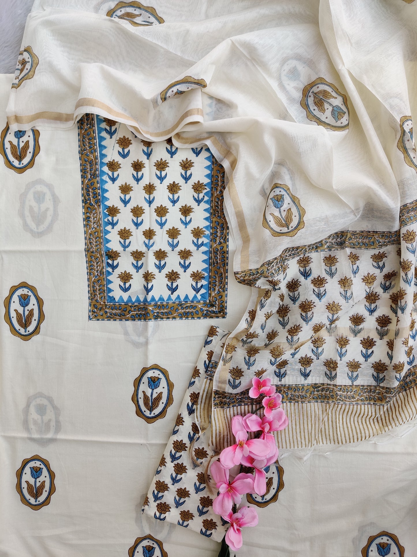 PANEL Hand Block Printed Cotton Suit with Mul Chanderi Dupatta
