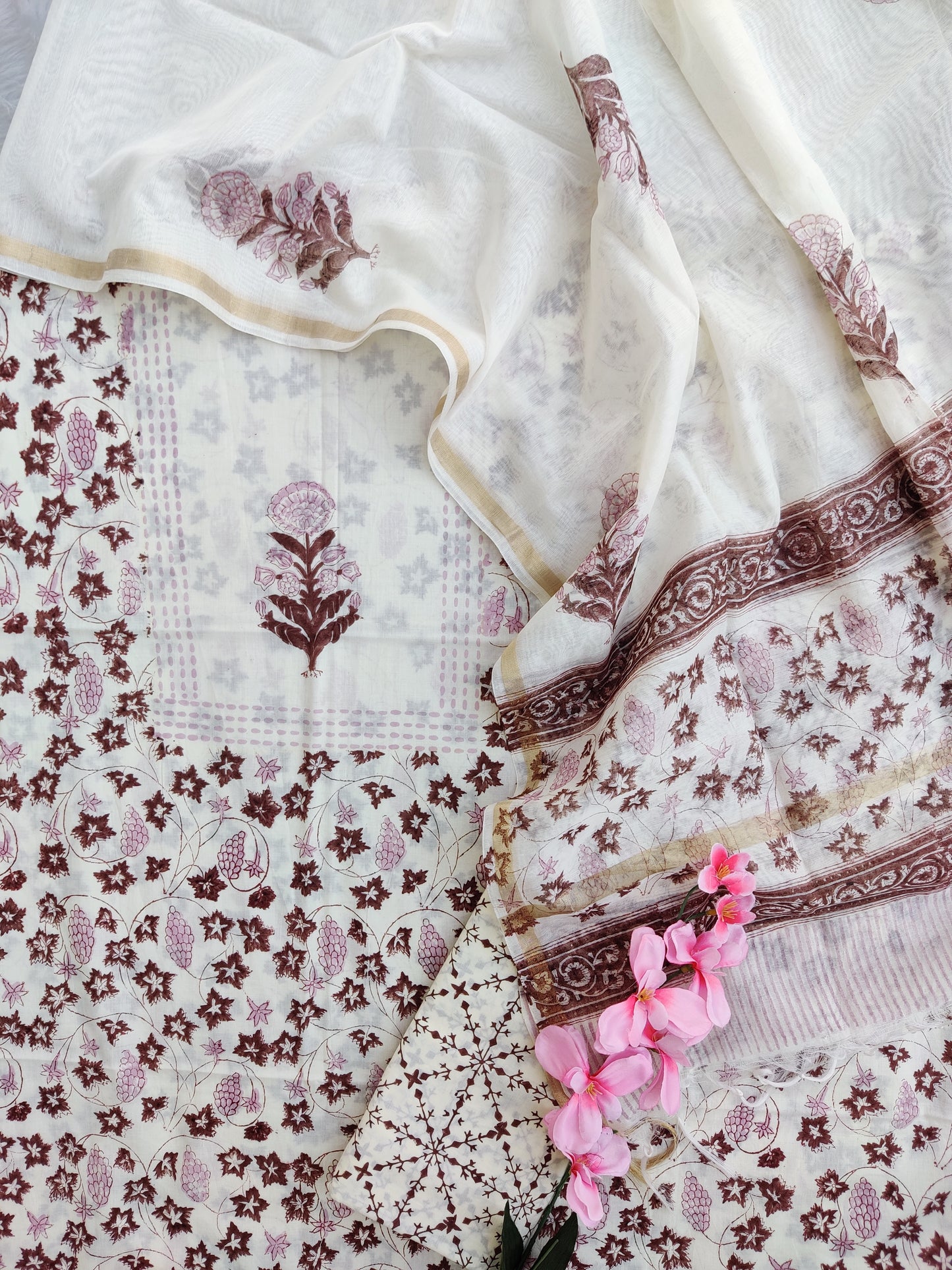 PANEL Hand Block Printed Cotton Suit with Mul Chanderi Dupatta