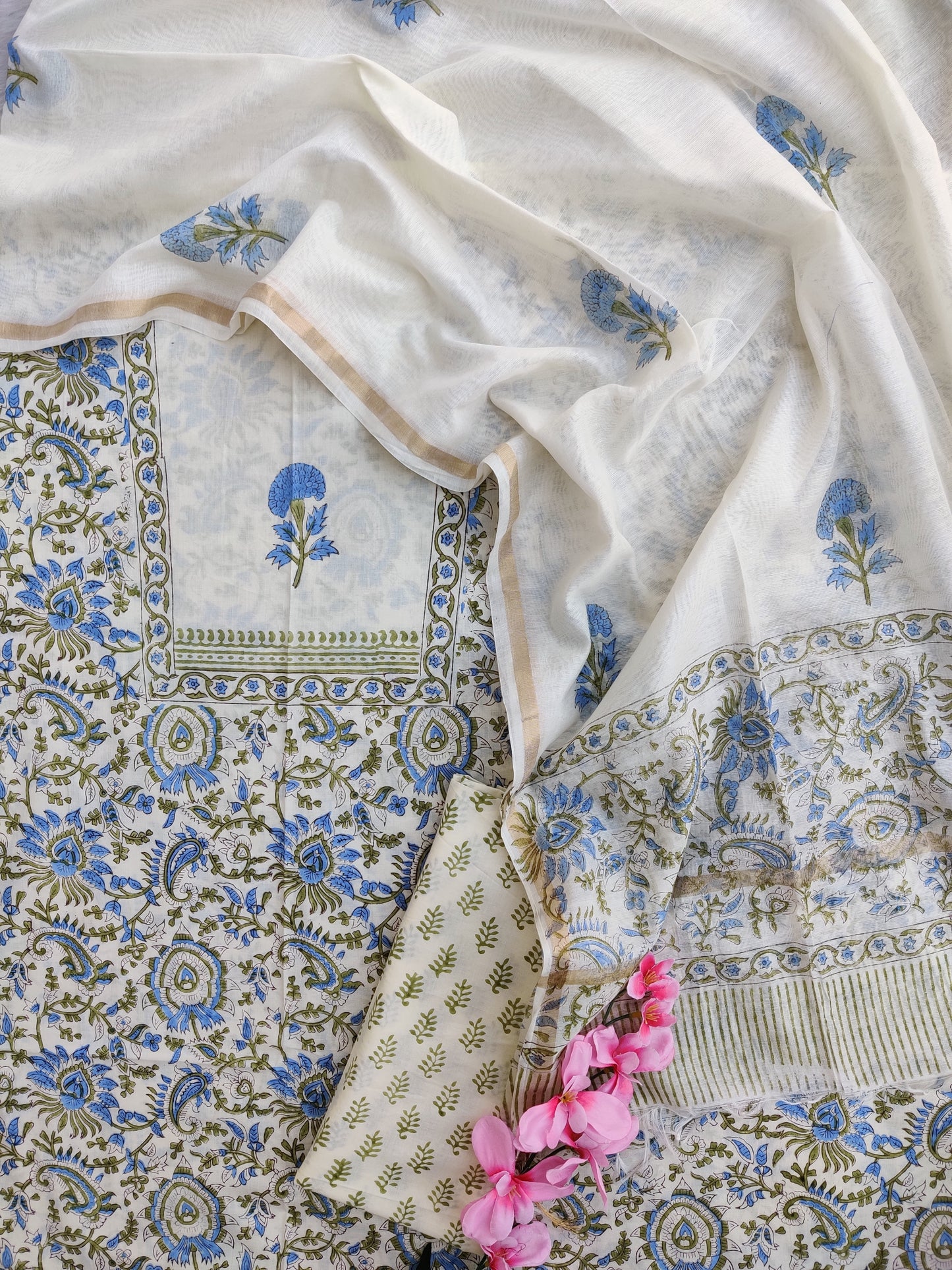 PANEL Hand Block Printed Cotton Suit with Mul Chanderi Dupatta