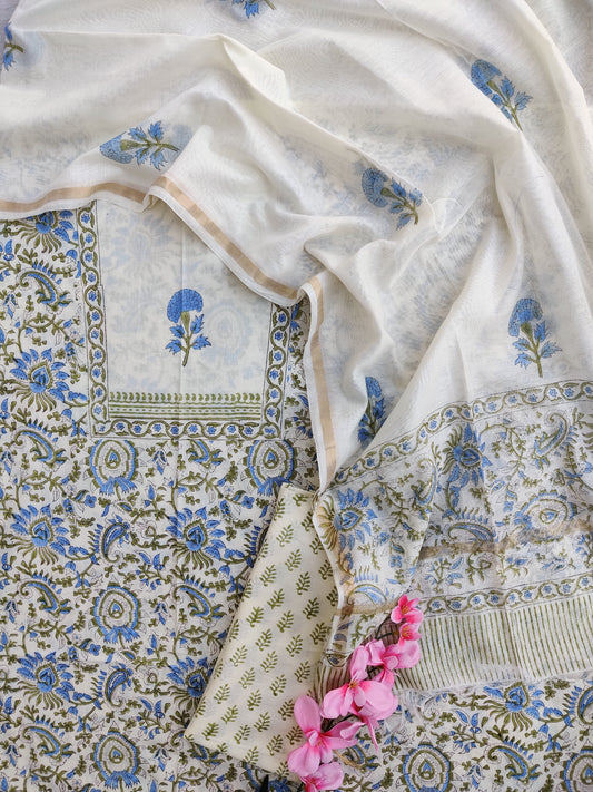 PANEL Hand Block Printed Cotton Suit with Mul Chanderi Dupatta