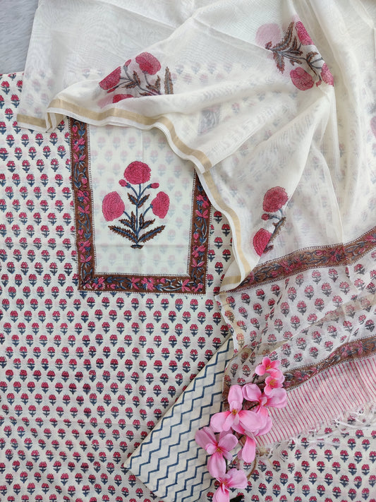 PANEL Hand Block Printed Cotton Suit with Mul Chanderi Dupatta