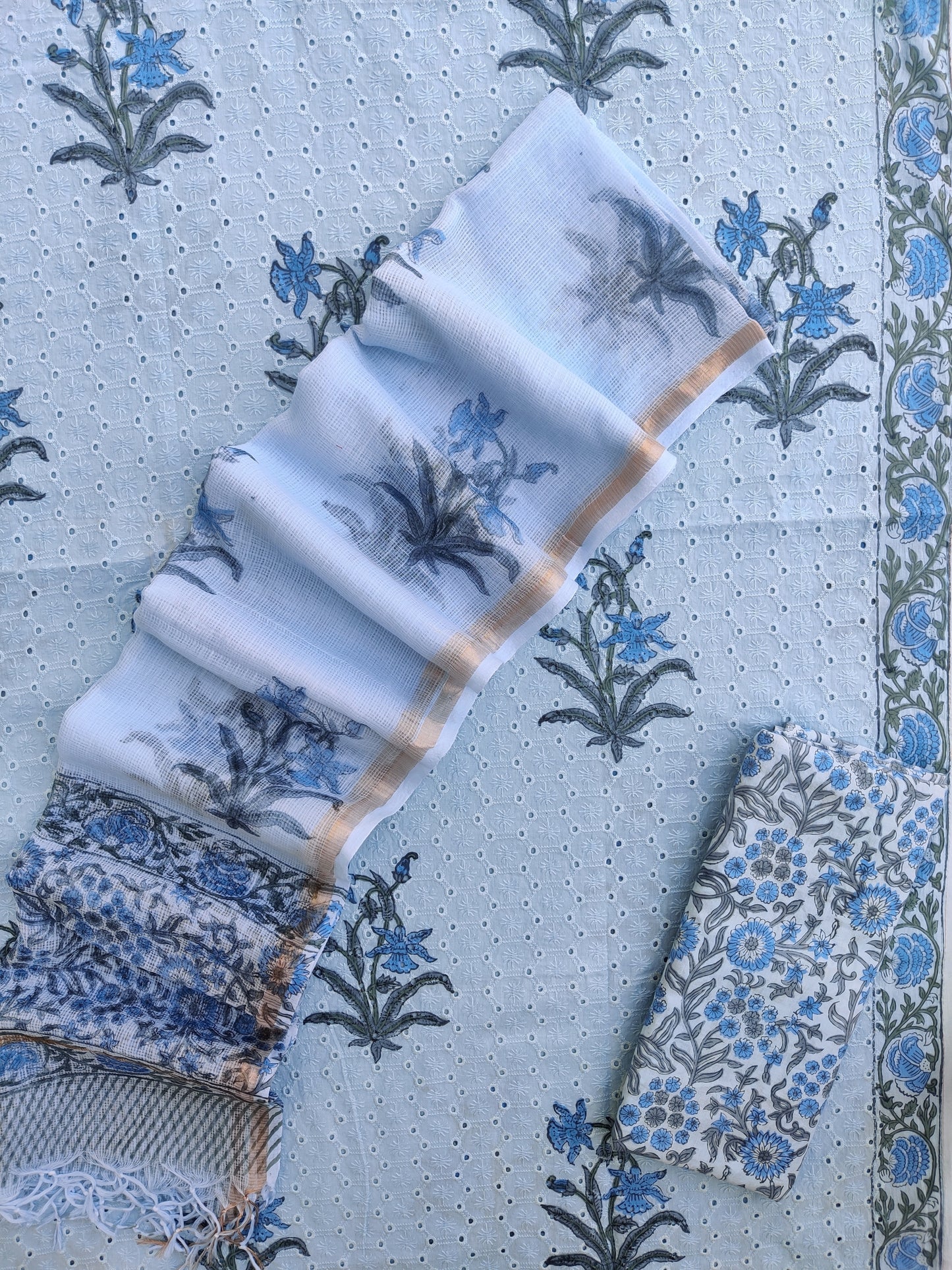 Hand Block Printed Cotton Schiffli Suit with Kota Doria Dupatta
