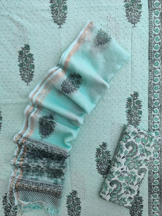 Hand Block Printed Cotton Schiffli Suit with Kota Doria Dupatta