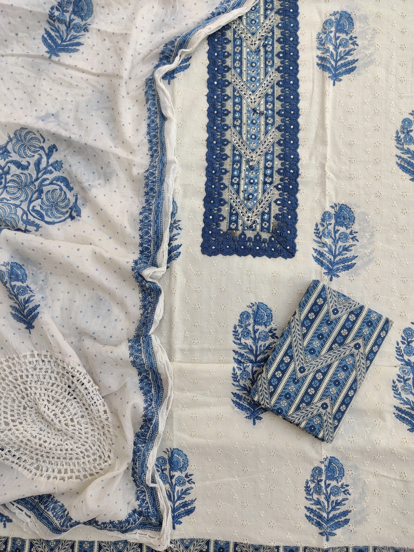 NEW LAUNCH                                    ELEGANT SCHIFFLI COTTON NECK WORK SUIT SET WITH COTTON DUPATTA
