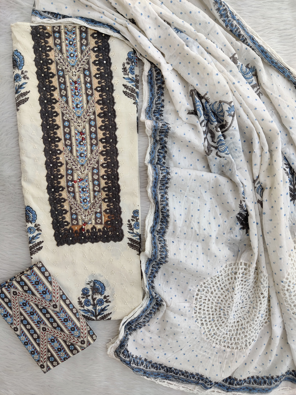 NEW LAUNCH                                    ELEGANT SCHIFFLI COTTON NECK WORK SUIT SET WITH COTTON DUPATTA