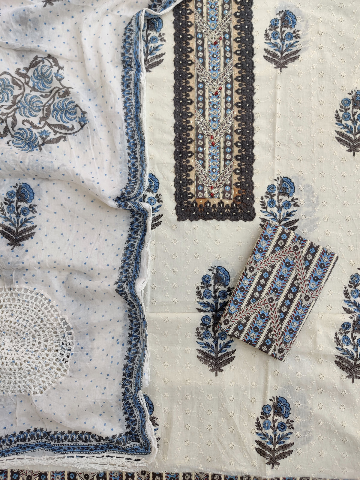 NEW LAUNCH                                    ELEGANT SCHIFFLI COTTON NECK WORK SUIT SET WITH COTTON DUPATTA
