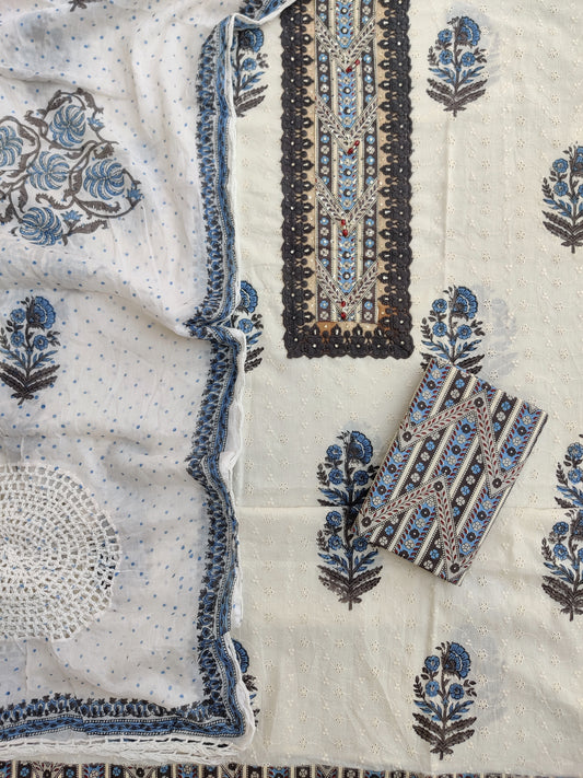 NEW LAUNCH                                    ELEGANT SCHIFFLI COTTON NECK WORK SUIT SET WITH COTTON DUPATTA
