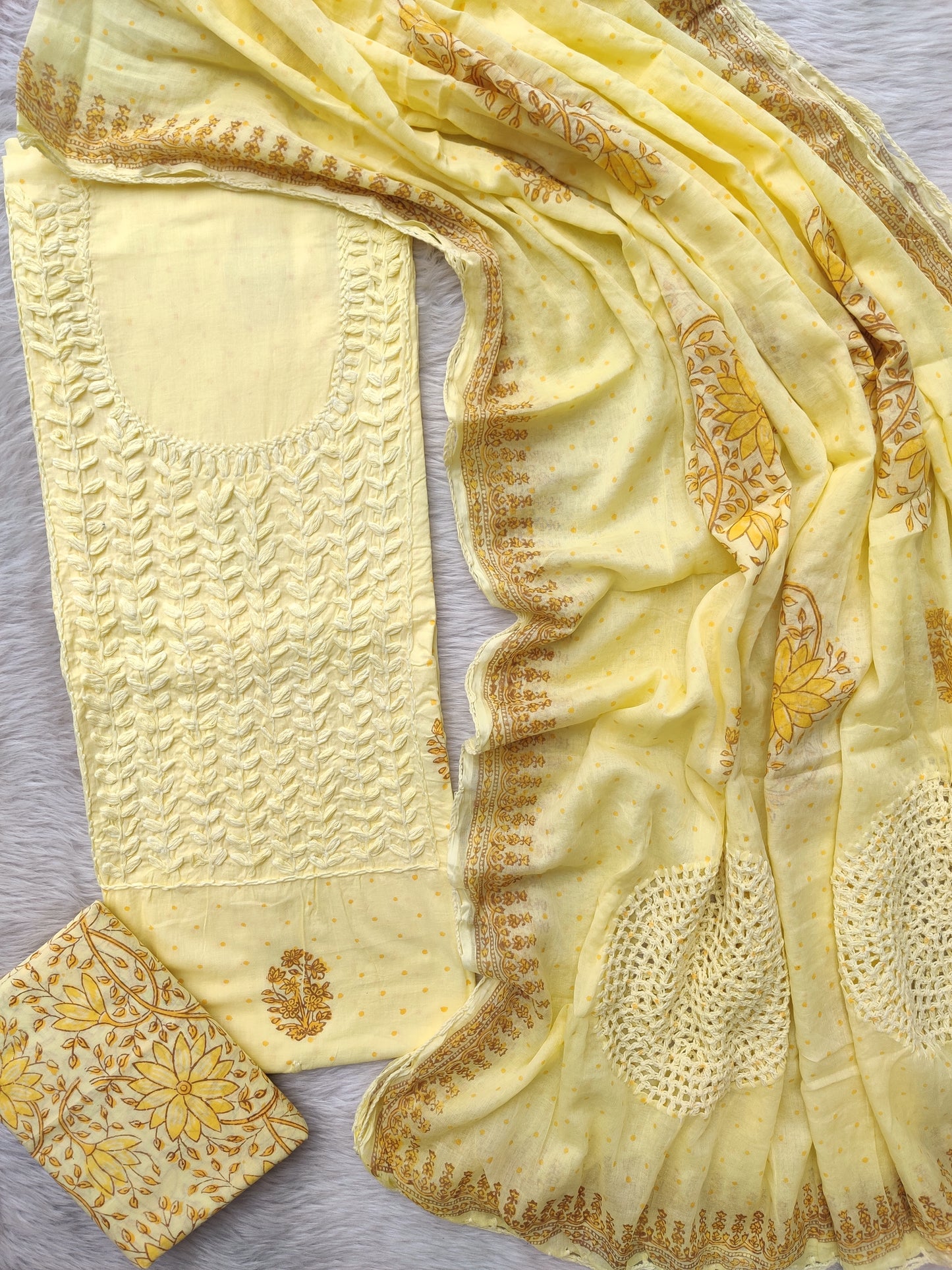 NEW LAUNCH              Aligarh Hand Embroidery Cotton Neck Work Suits with Mulmul Crosia Dupatta