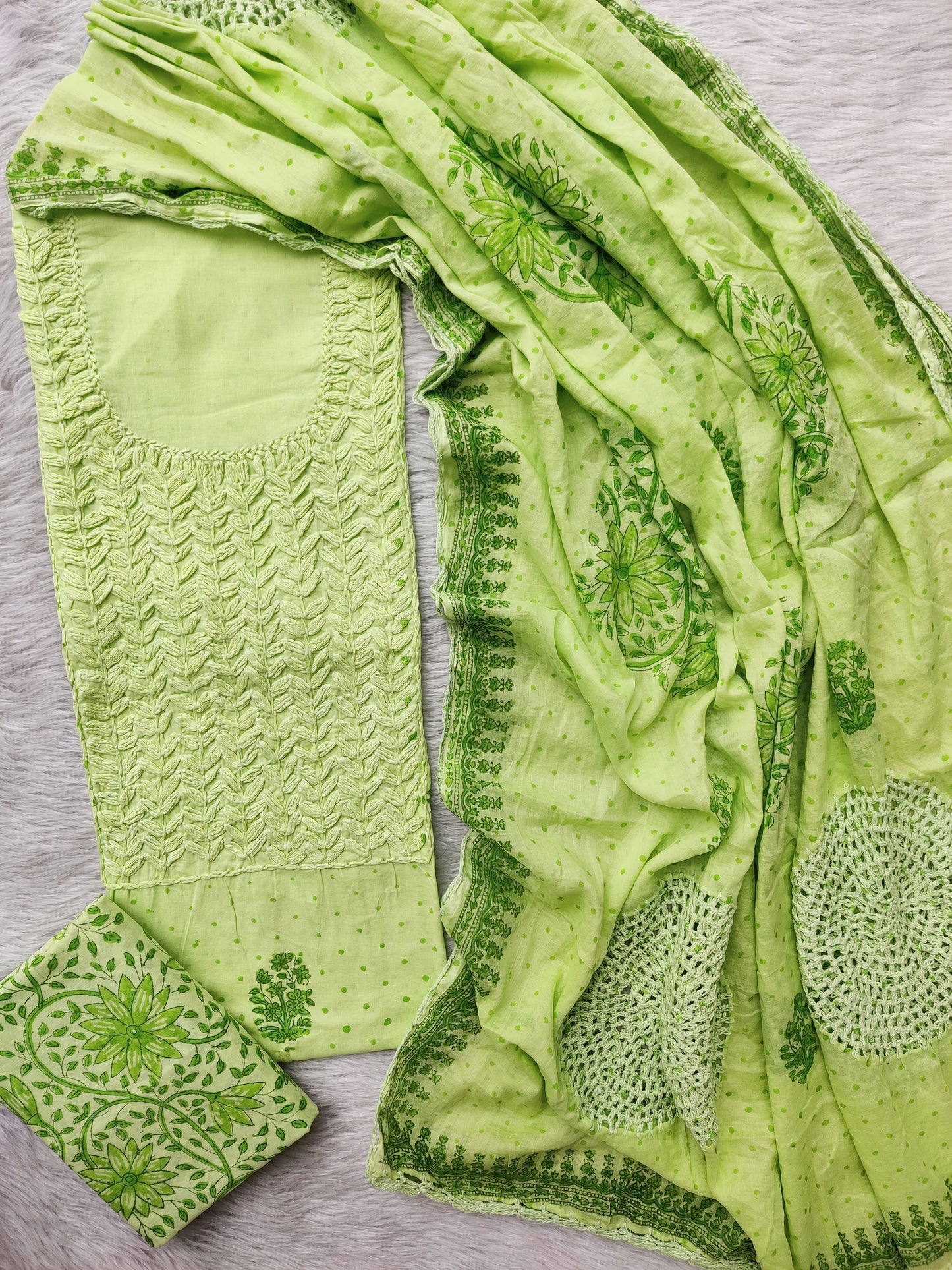 NEW LAUNCH              Aligarh Hand Embroidery Cotton Neck Work Suits with Mulmul Crosia Dupatta