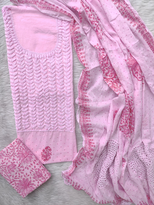 NEW LAUNCH              Aligarh Hand Embroidery Cotton Neck Work Suits with Mulmul Crosia Dupatta
