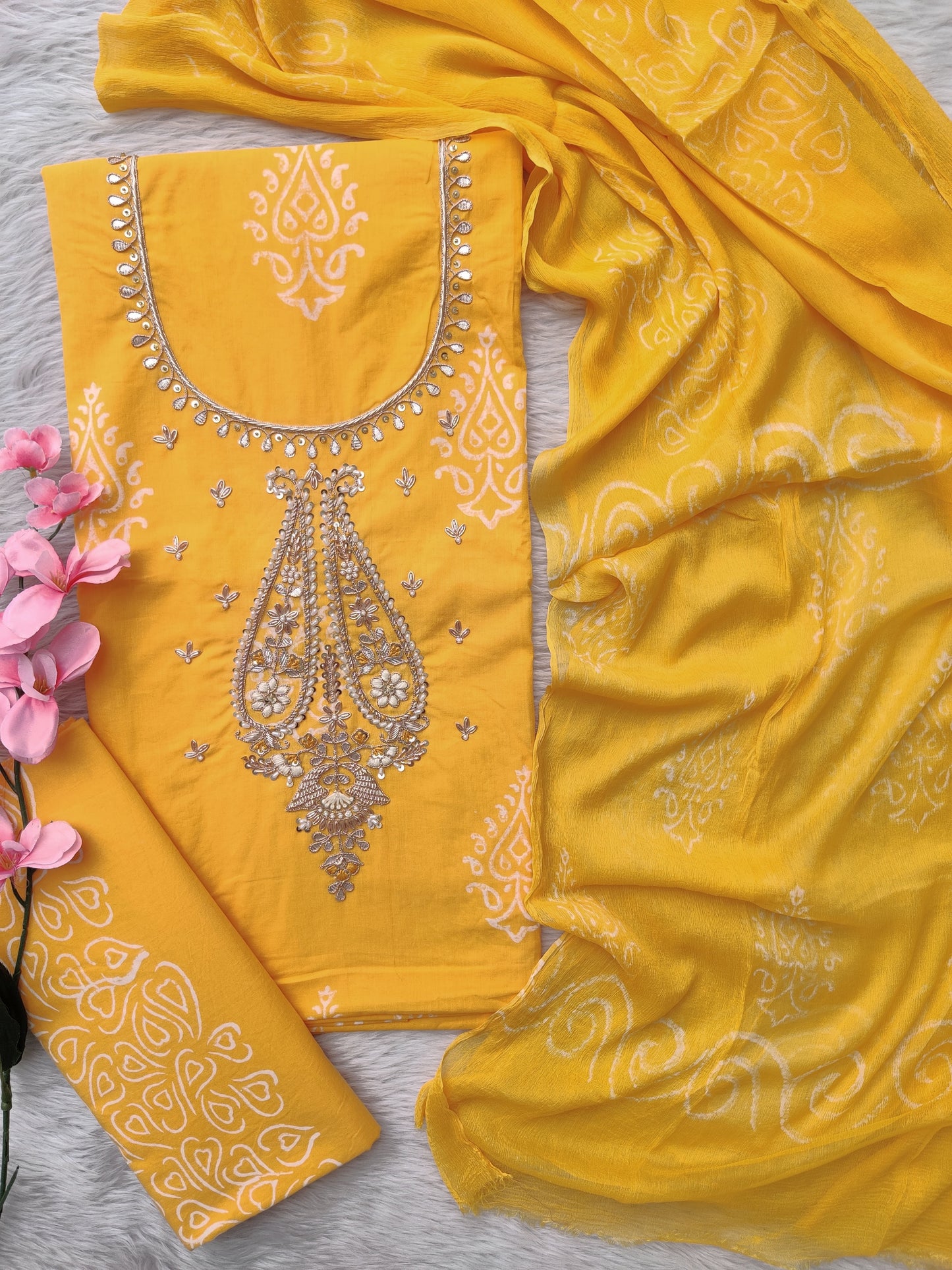 FLORAL PRINTED COTTON GOTA PATTI SUIT WITH CHIFFON DUPATTA