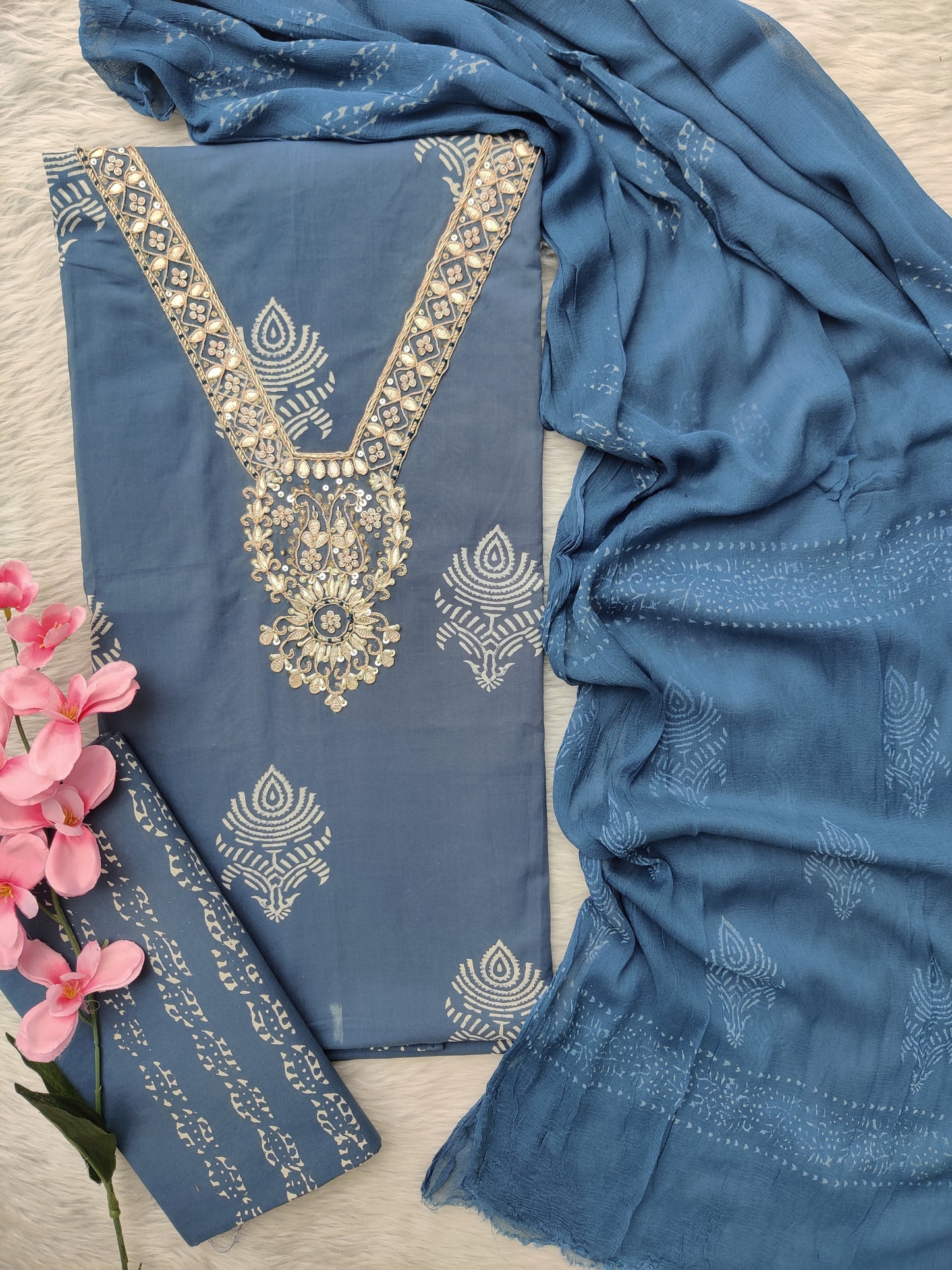 FLORAL PRINTED COTTON GOTA PATTI SUIT WITH CHIFFON DUPATTA