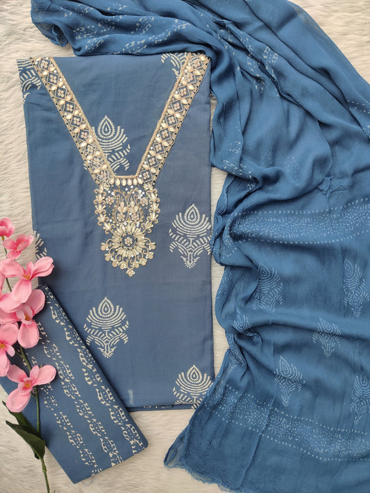 FLORAL PRINTED COTTON GOTA PATTI SUIT WITH CHIFFON DUPATTA