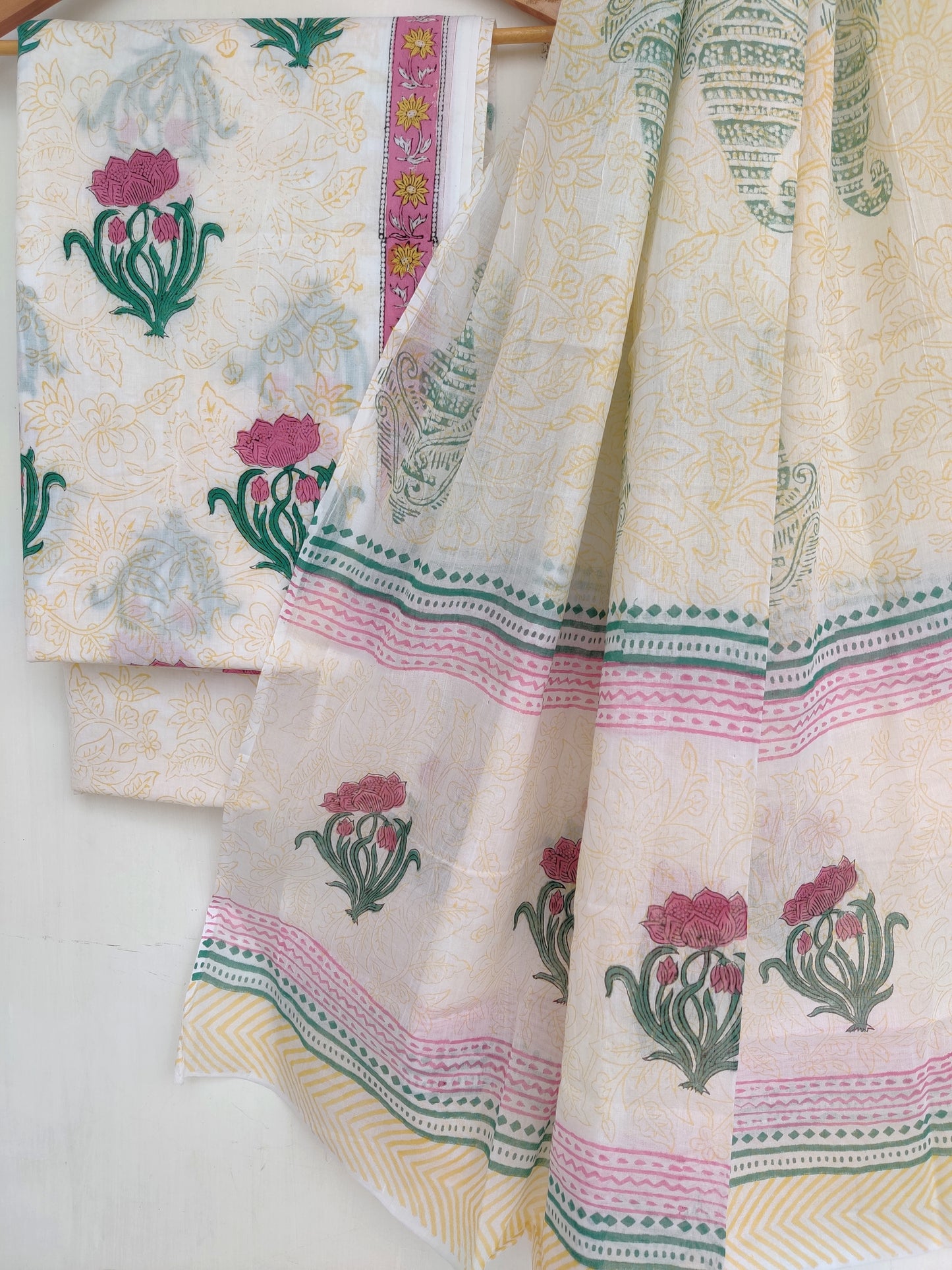 Hand Block Printed Cotton Suit With Mulmul Cotton Dupatta