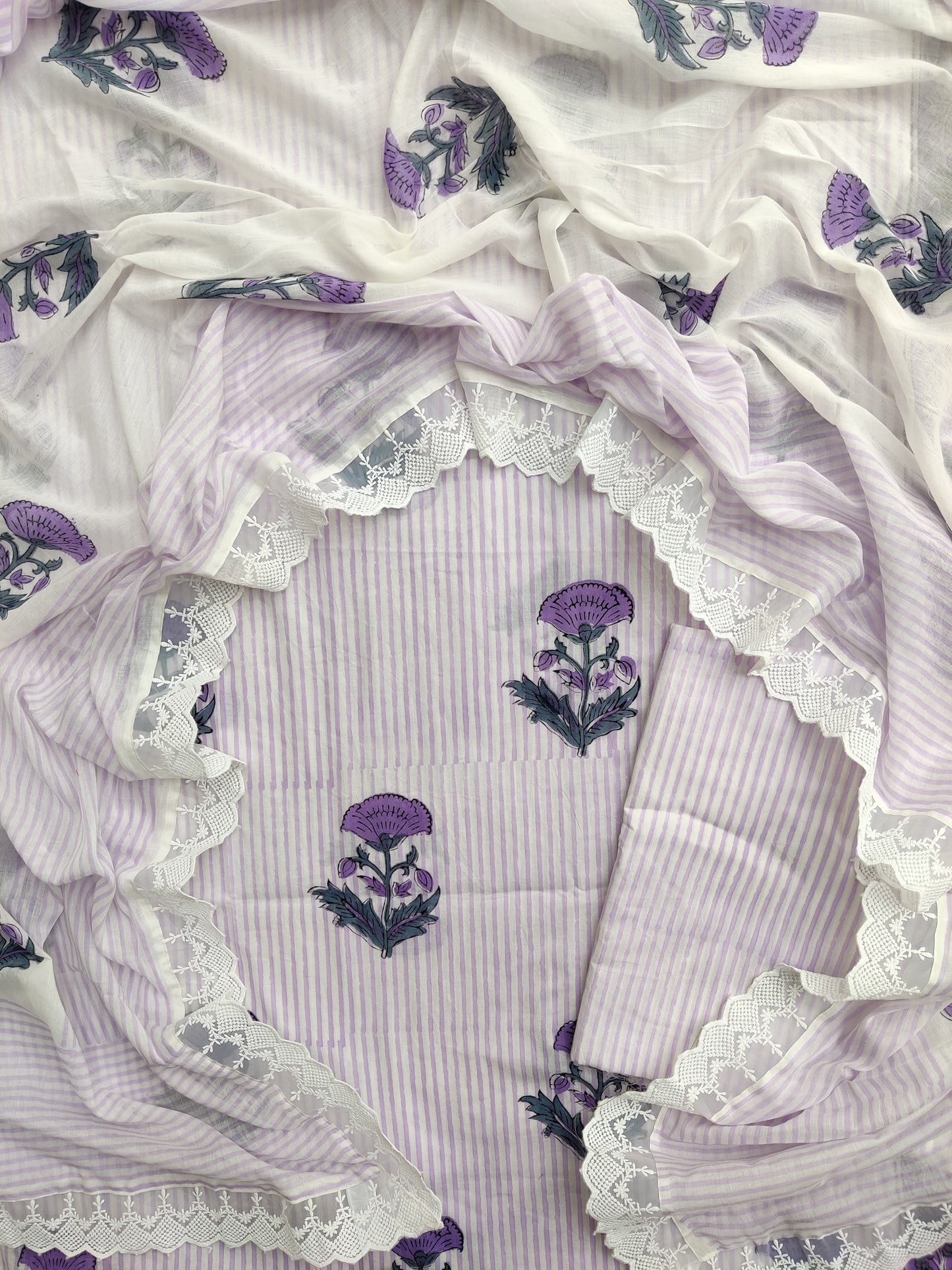 Hand Block Printed Cotton Suit With Lace Work Mulmul Dupatta