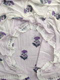 Hand Block Printed Cotton Suit With Lace Work Mulmul Dupatta