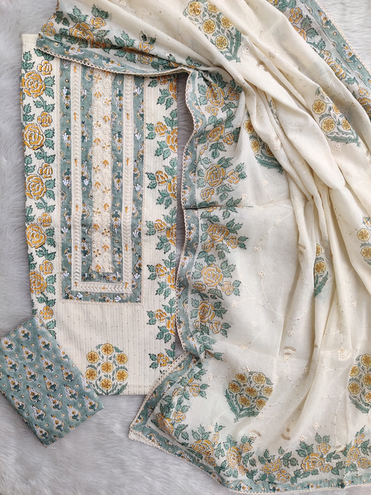 Exclusive Unstitched Cotton Suit with Mulmul Embroidery Dupatta