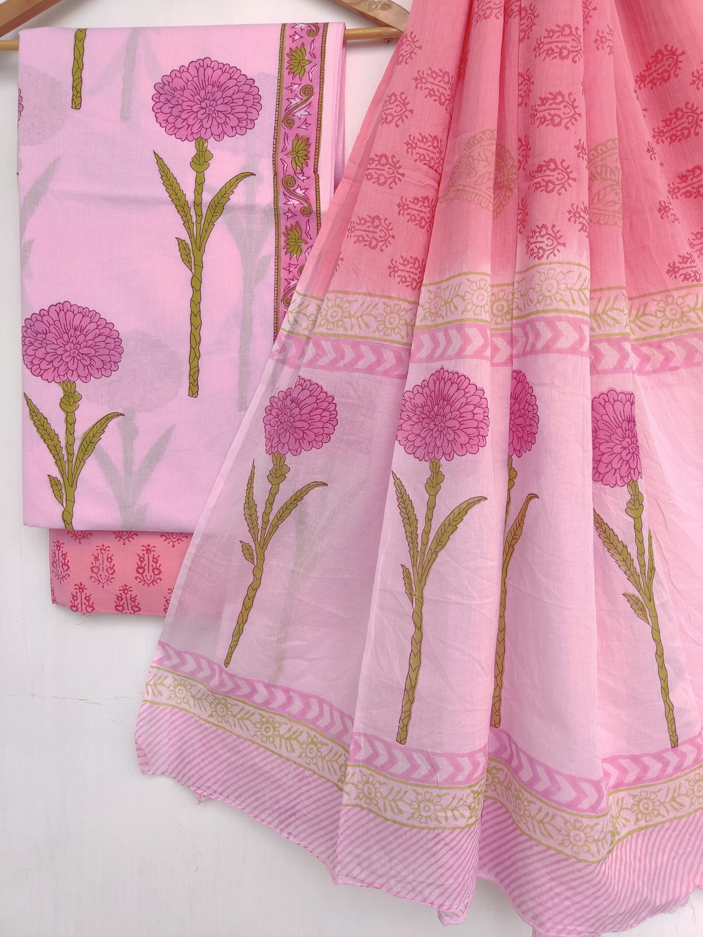 Hand Block Printed Cotton Suit With Mulmul Cotton Dupatta