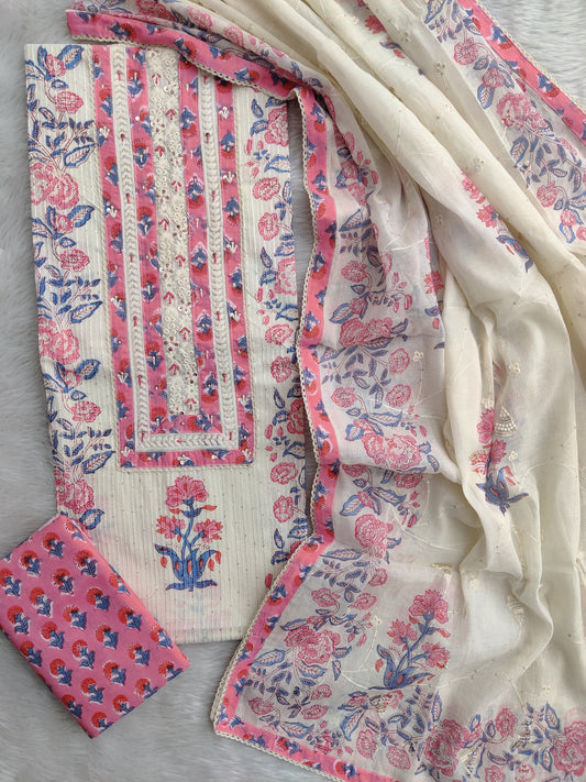 Exclusive Unstitched Cotton Suit with Mulmul Embroidery Dupatta