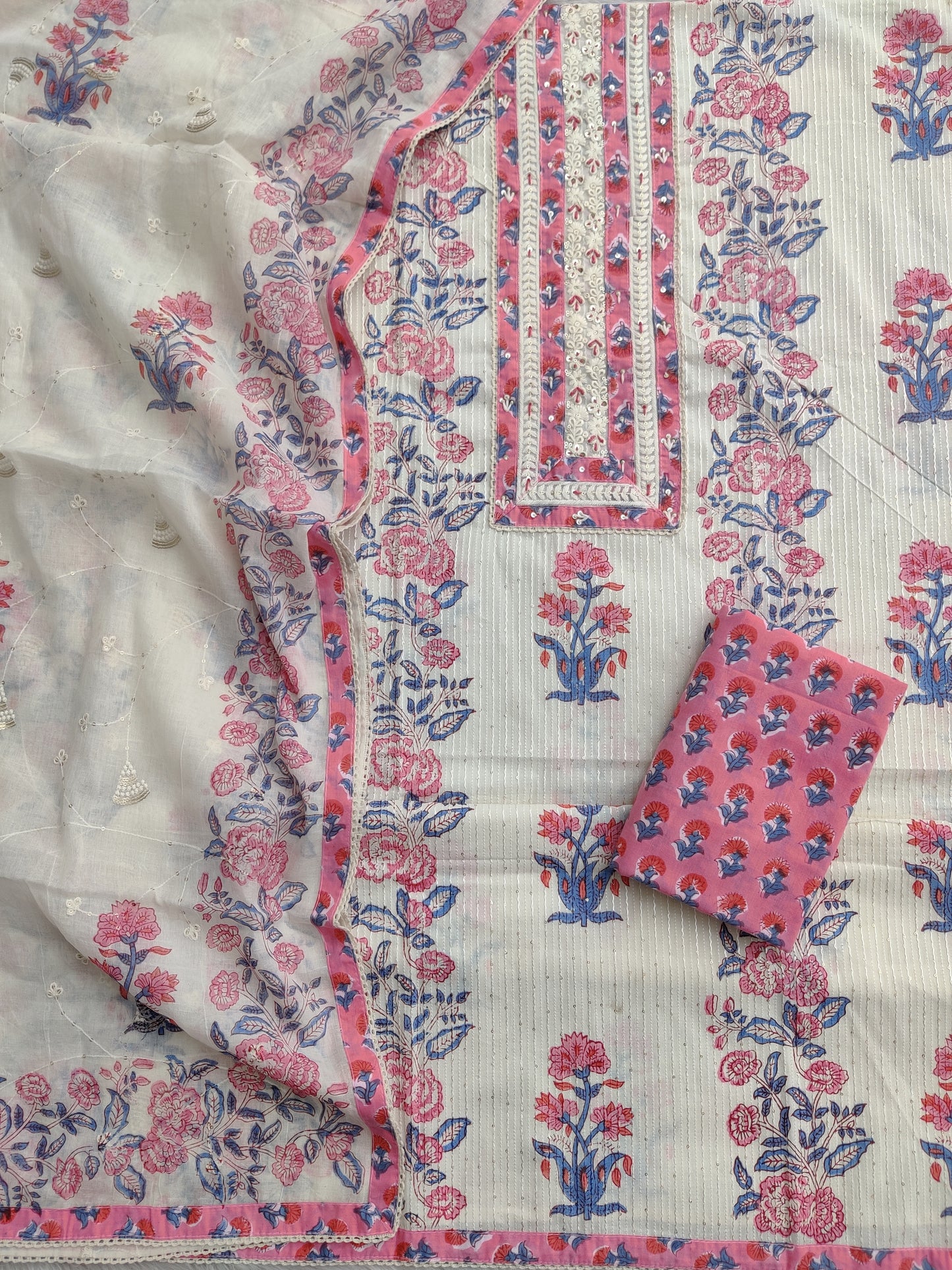 Exclusive Unstitched Cotton Suit with Mulmul Embroidery Dupatta