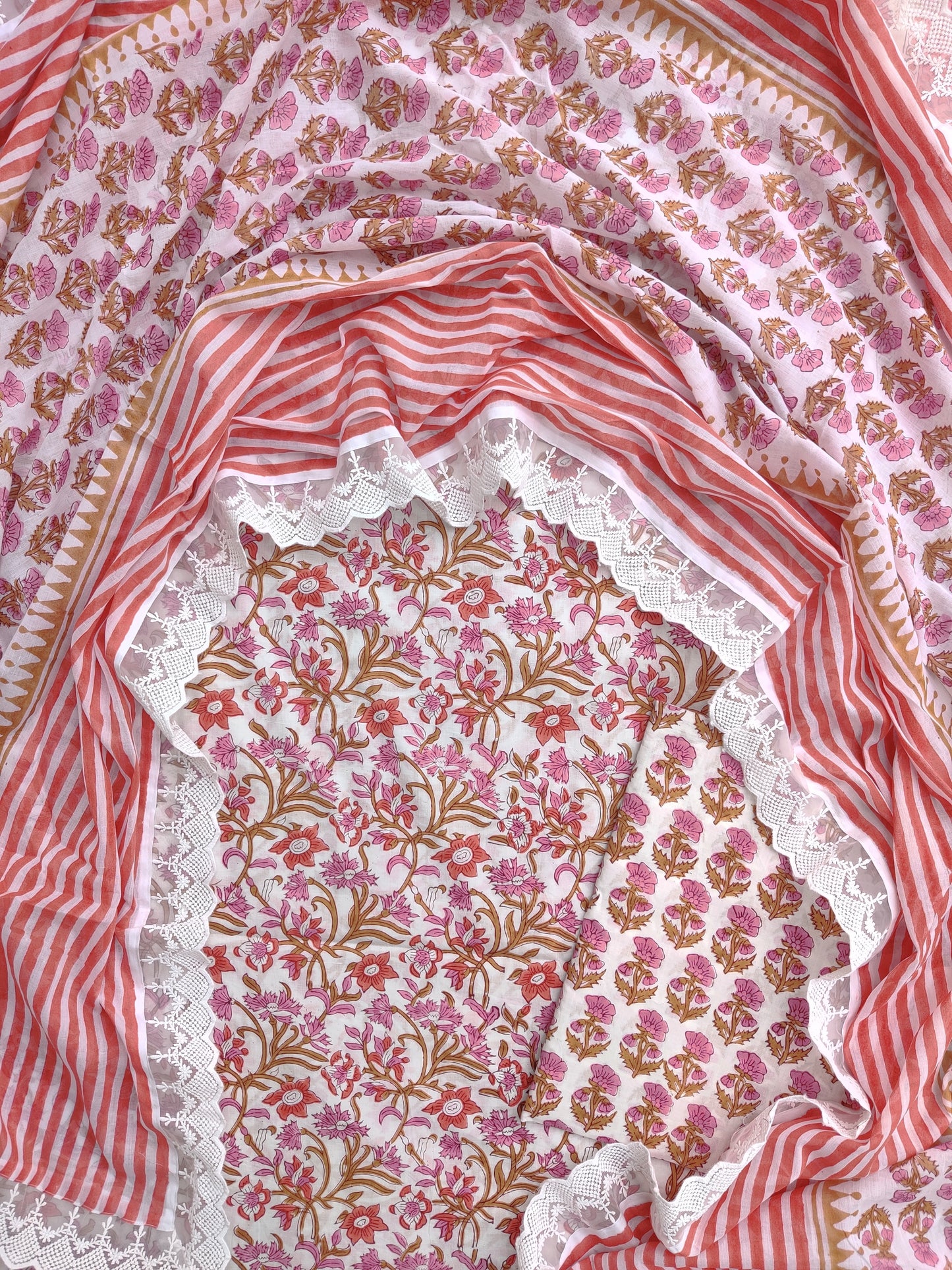 Hand Block Printed Cotton Suit With Lace Work Mulmul Dupatta