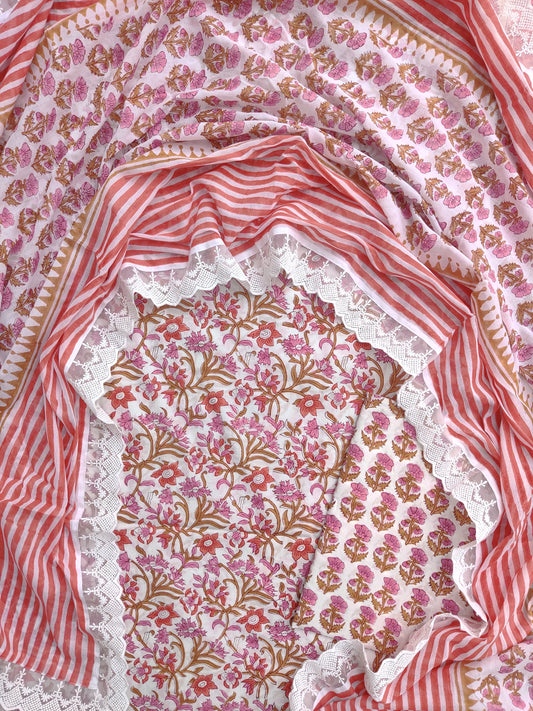 Hand Block Printed Cotton Suit With Lace Work Mulmul Dupatta