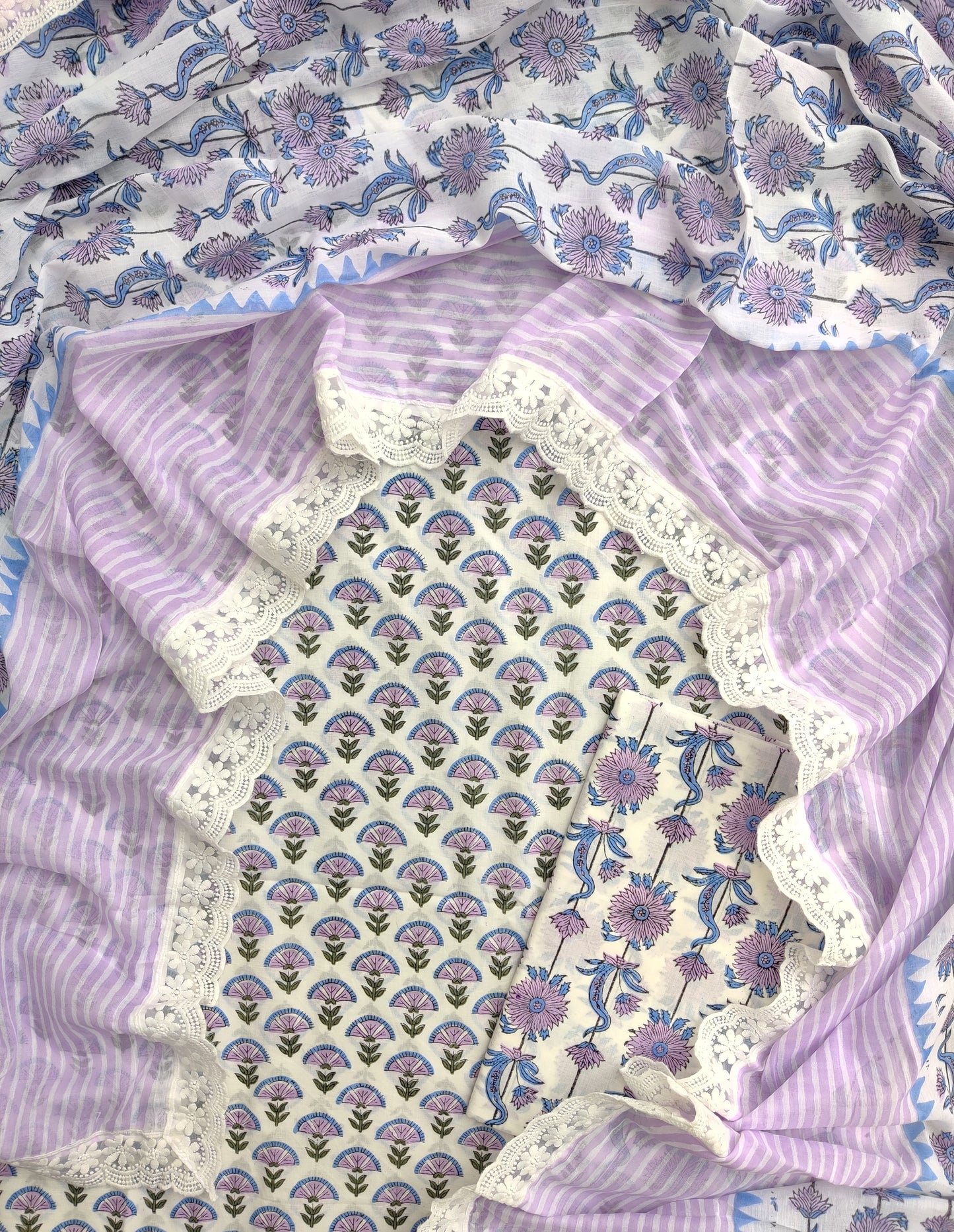 Hand Block Printed Cotton Suit With Lace Work Mulmul Dupatta