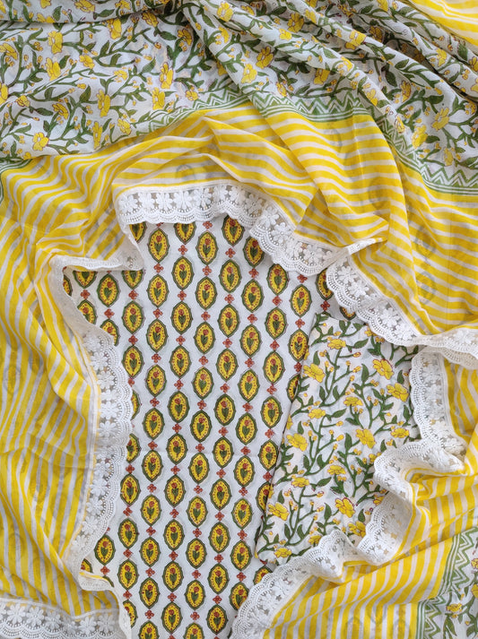 Hand Block Printed Cotton Suit With Lace Work Mulmul Dupatta