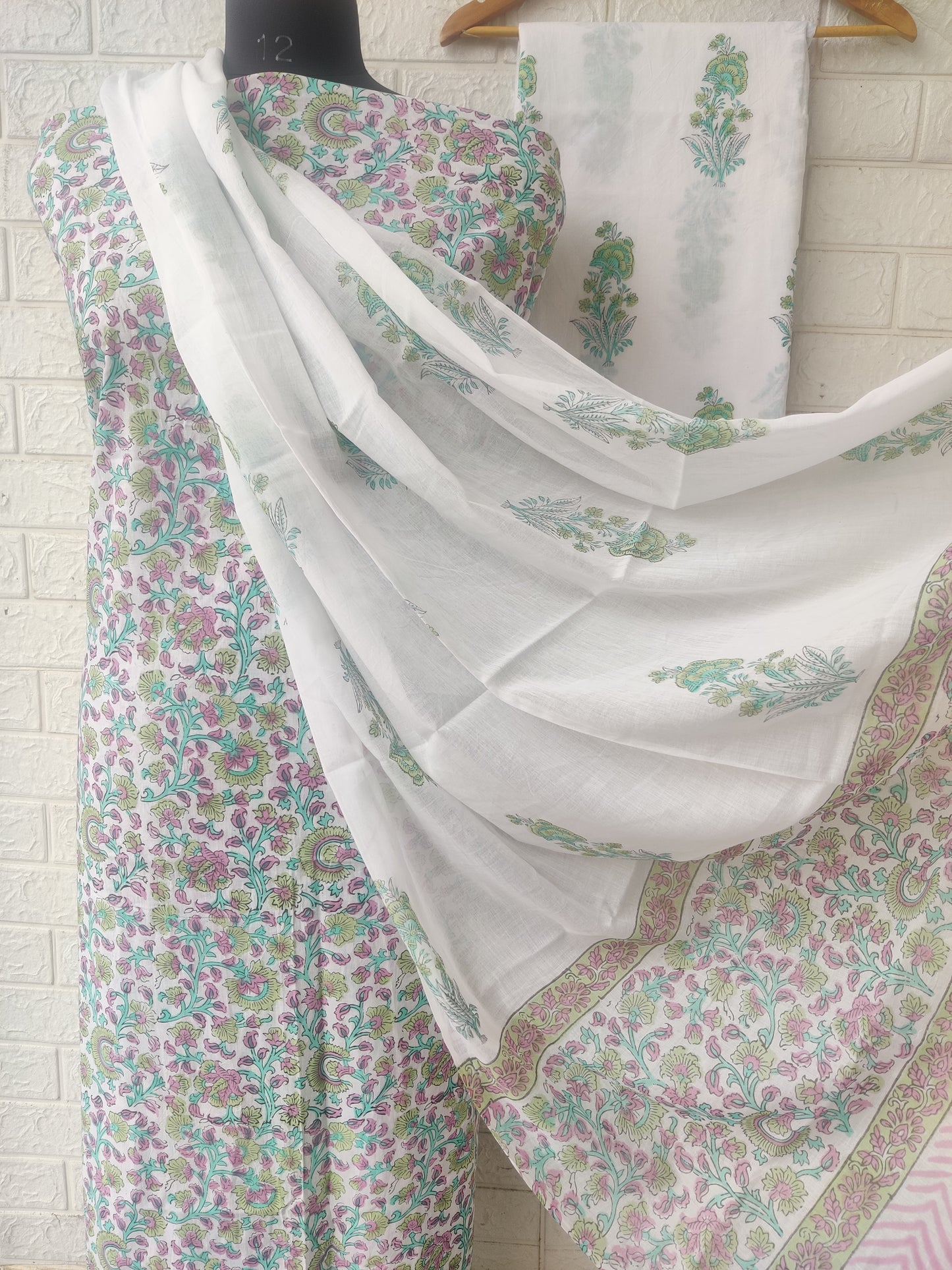 Hand Block Printed Cotton Suit With Mulmul Cotton Dupatta