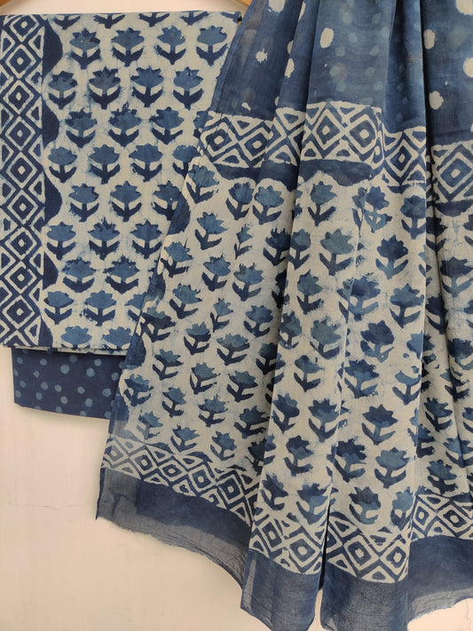 INDIGO Hand Block Printed Cotton Suit With Mulmul Cotton Dupatta
