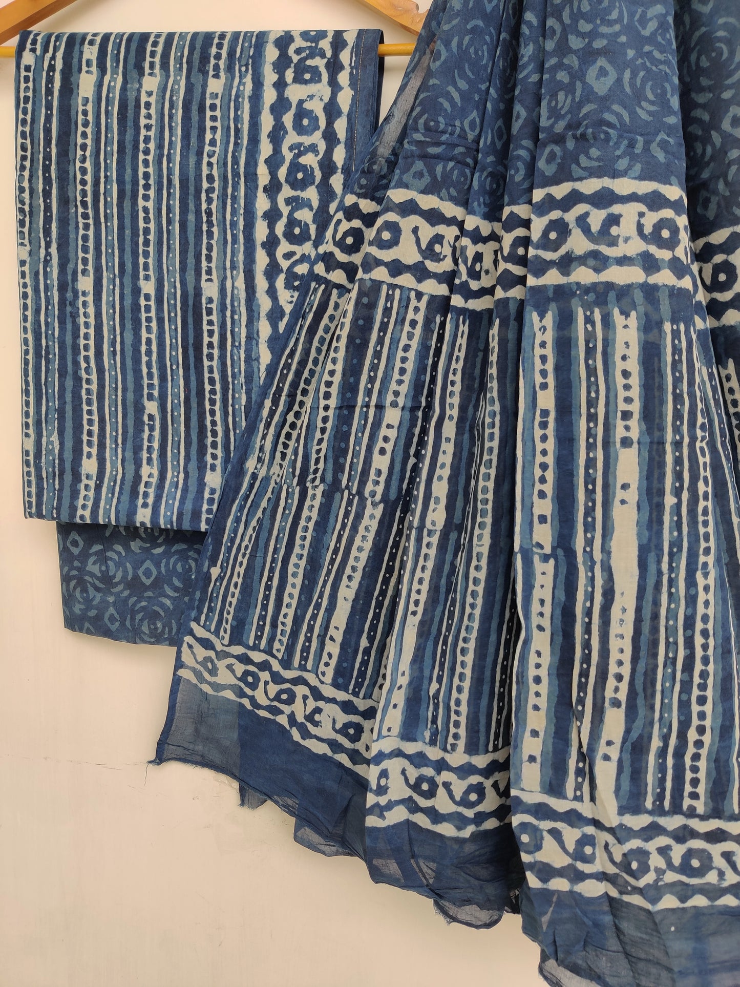 INDIGO Hand Block Printed Cotton Suit With Mulmul Cotton Dupatta