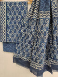 INDIGO Hand Block Printed Cotton Suit With Mulmul Cotton Dupatta