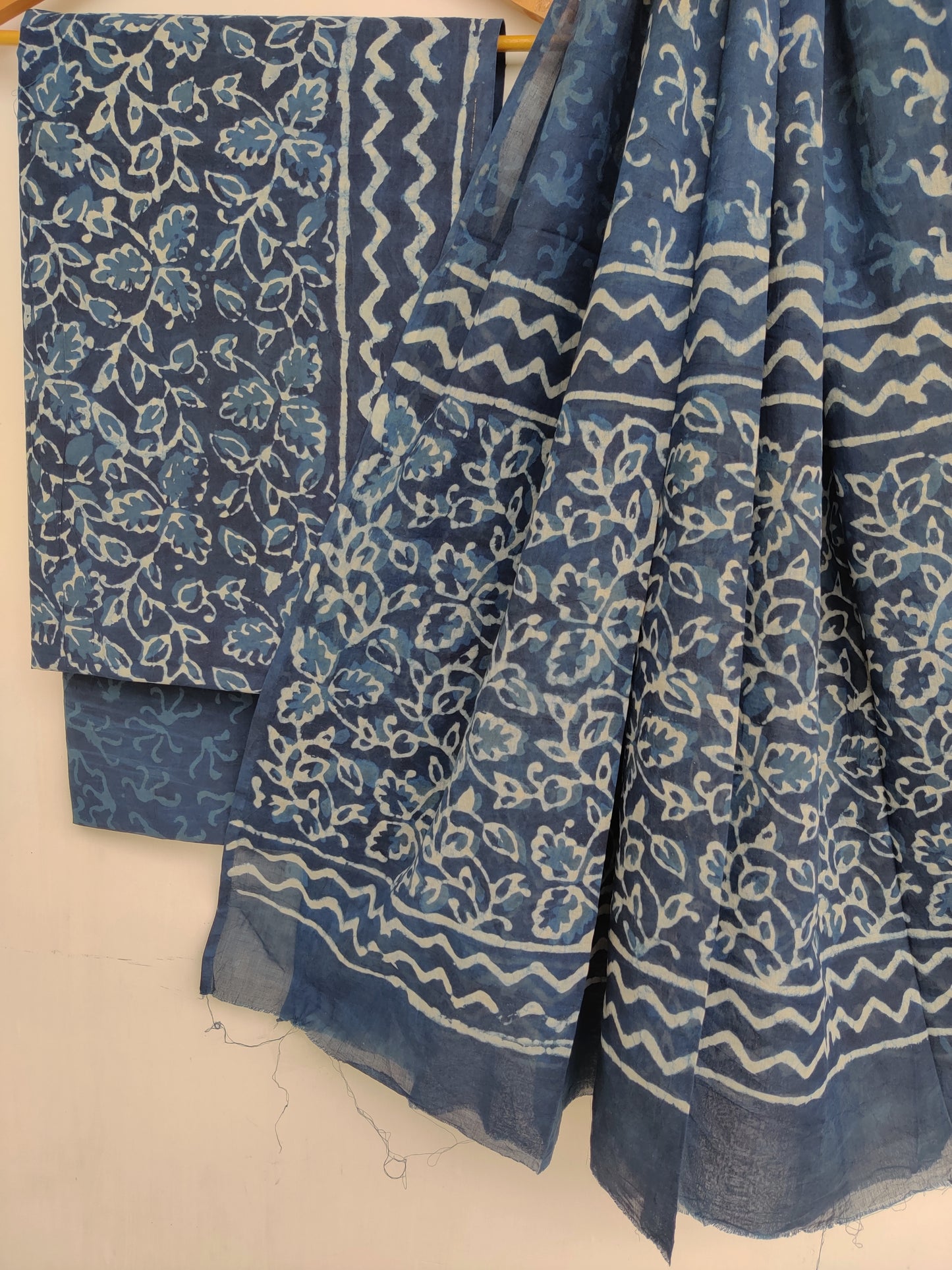 INDIGO Hand Block Printed Cotton Suit With Mulmul Cotton Dupatta
