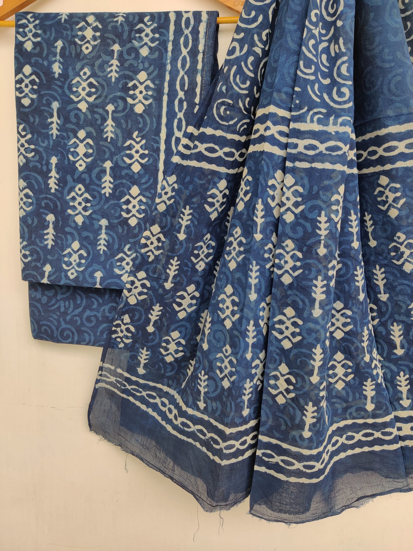 INDIGO Hand Block Printed Cotton Suit With Mulmul Cotton Dupatta