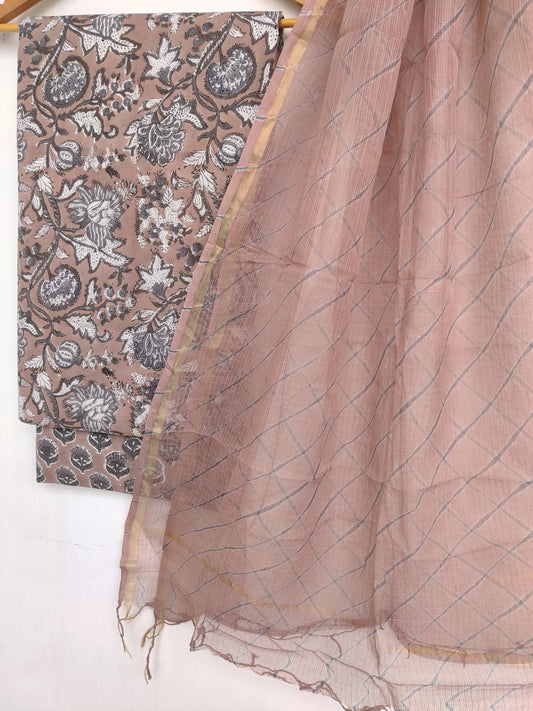 BLOCK PRINTED COTTON SUIT WITH LEHRIYA KOTA DORIA DUPATTA