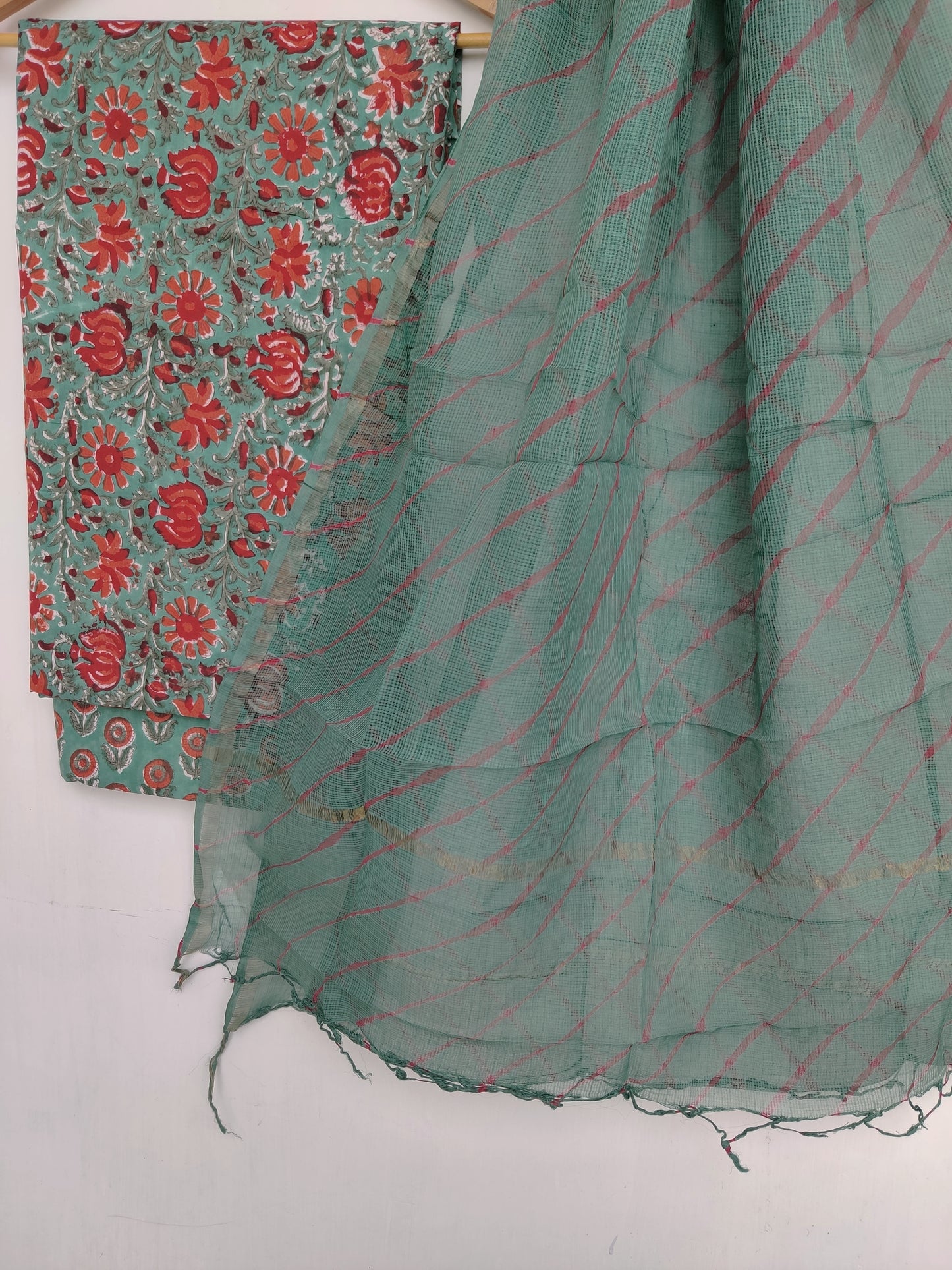 BLOCK PRINTED COTTON SUIT WITH LEHRIYA KOTA DORIA DUPATTA