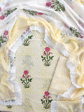 Hand Block Printed Cotton Suit With Lace Work Mulmul Dupatta