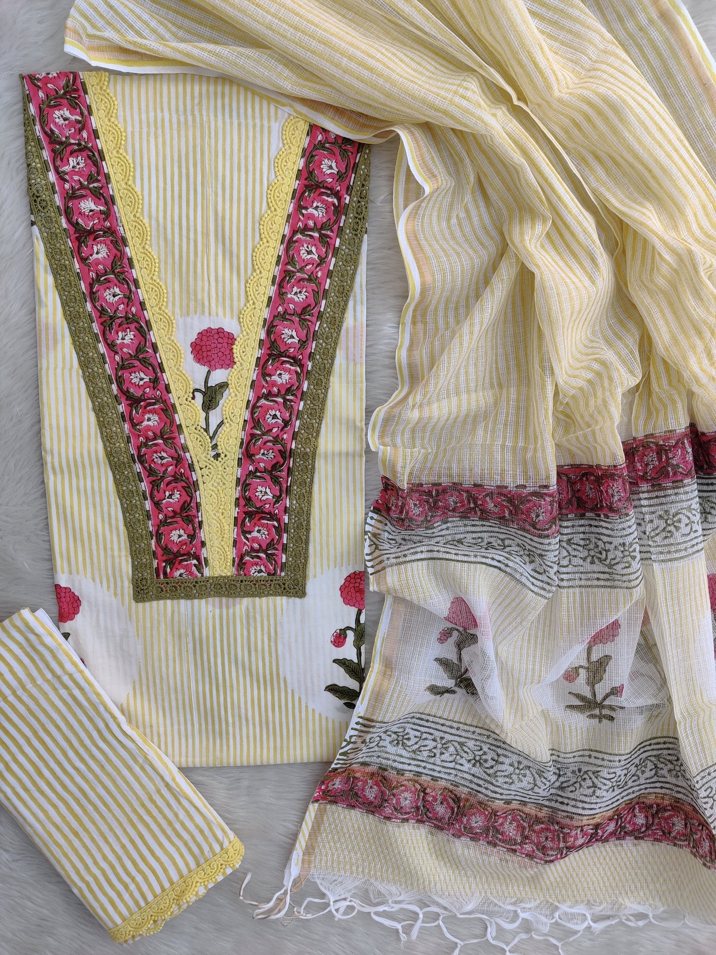 HAND BLOCK PRINTED  NECK WORK SUITS WITH KOTA DORIA DUPATTA