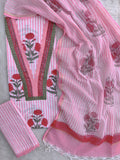 HAND BLOCK PRINTED  NECK WORK SUITS WITH KOTA DORIA DUPATTA