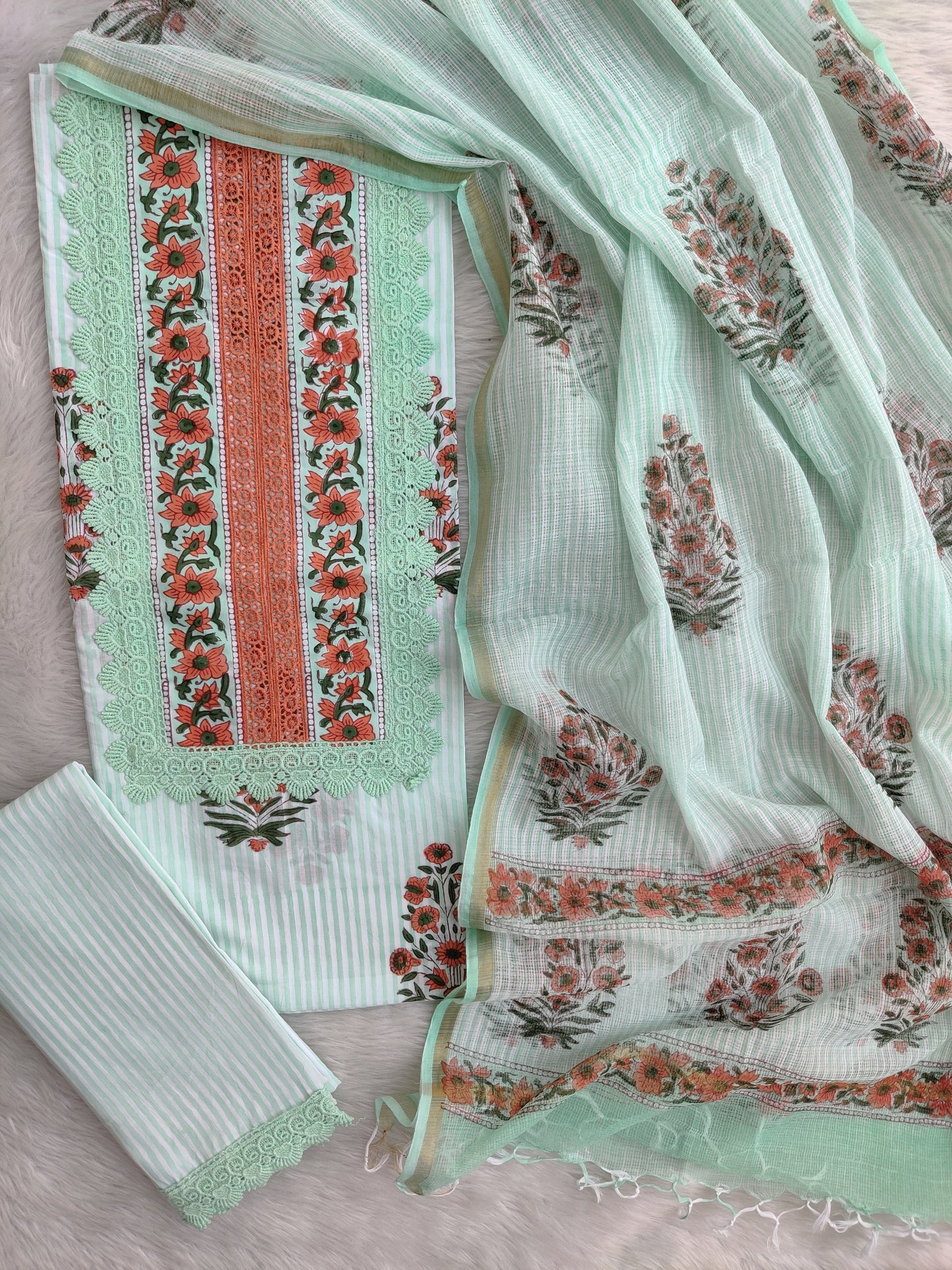HAND BLOCK PRINTED  NECK WORK SUITS WITH KOTA DORIA DUPATTA