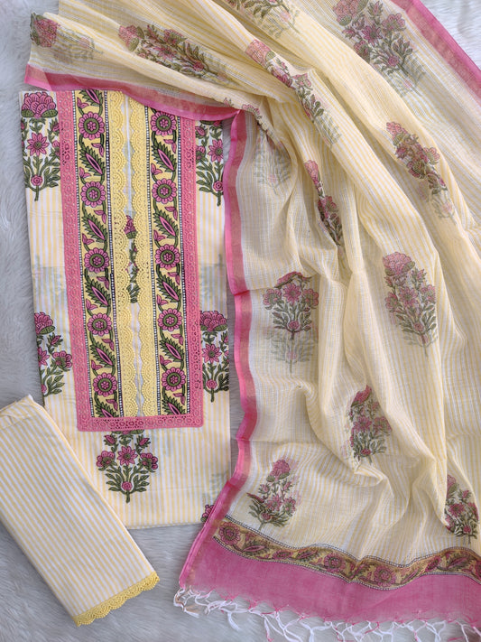 HAND BLOCK PRINTED  NECK WORK SUITS WITH KOTA DORIA DUPATTA