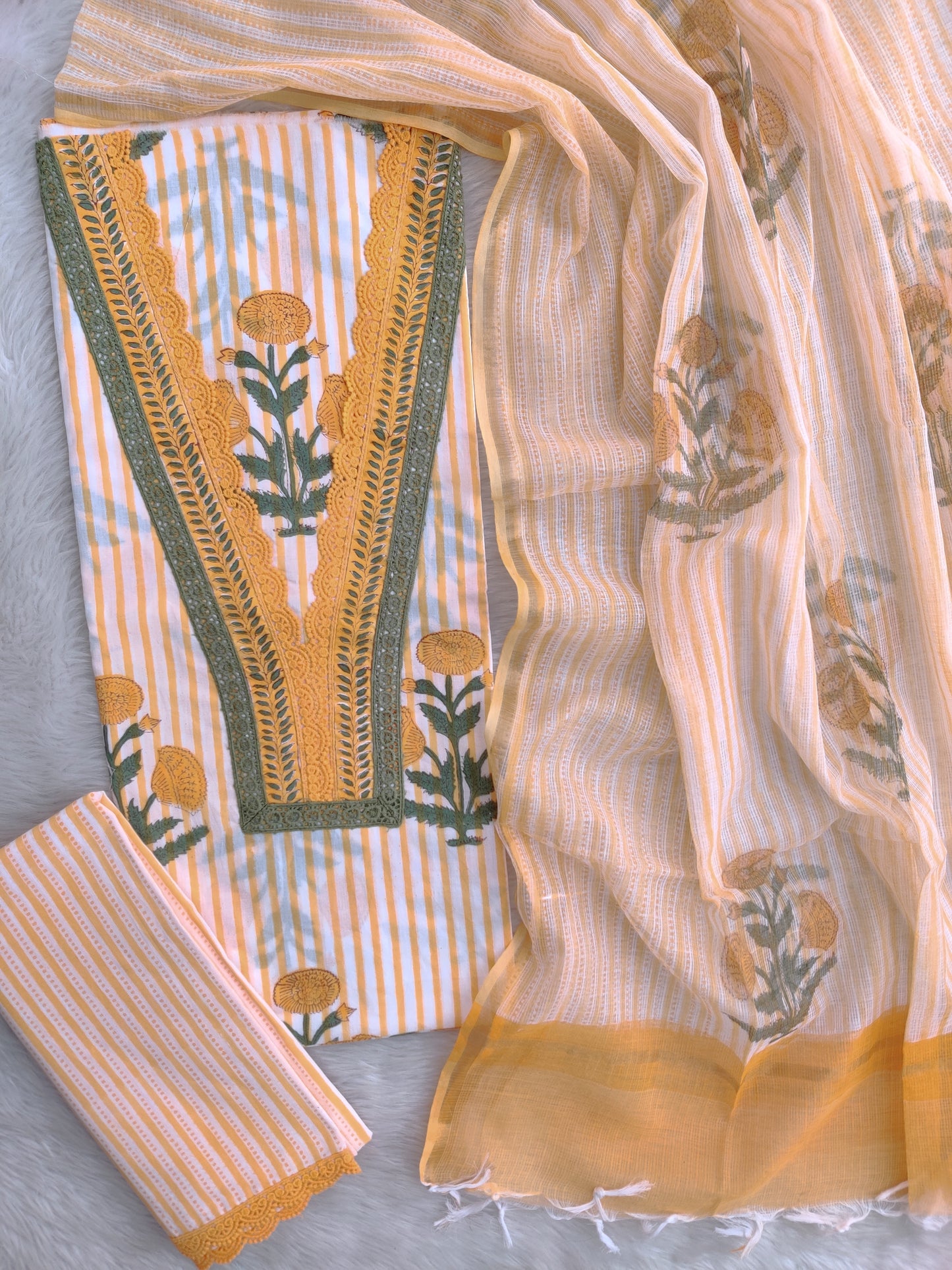 HAND BLOCK PRINTED  NECK WORK SUITS WITH KOTA DORIA DUPATTA
