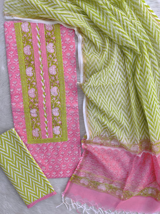 HAND BLOCK PRINTED  NECK WORK SUITS WITH KOTA DORIA DUPATTA