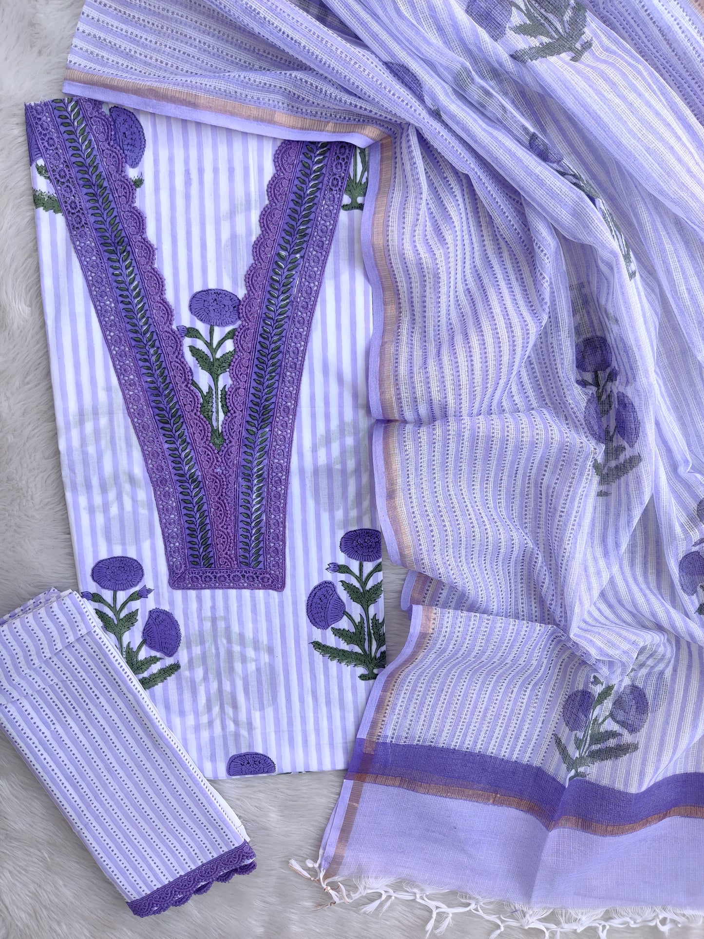 HAND BLOCK PRINTED  NECK WORK SUITS WITH KOTA DORIA DUPATTA