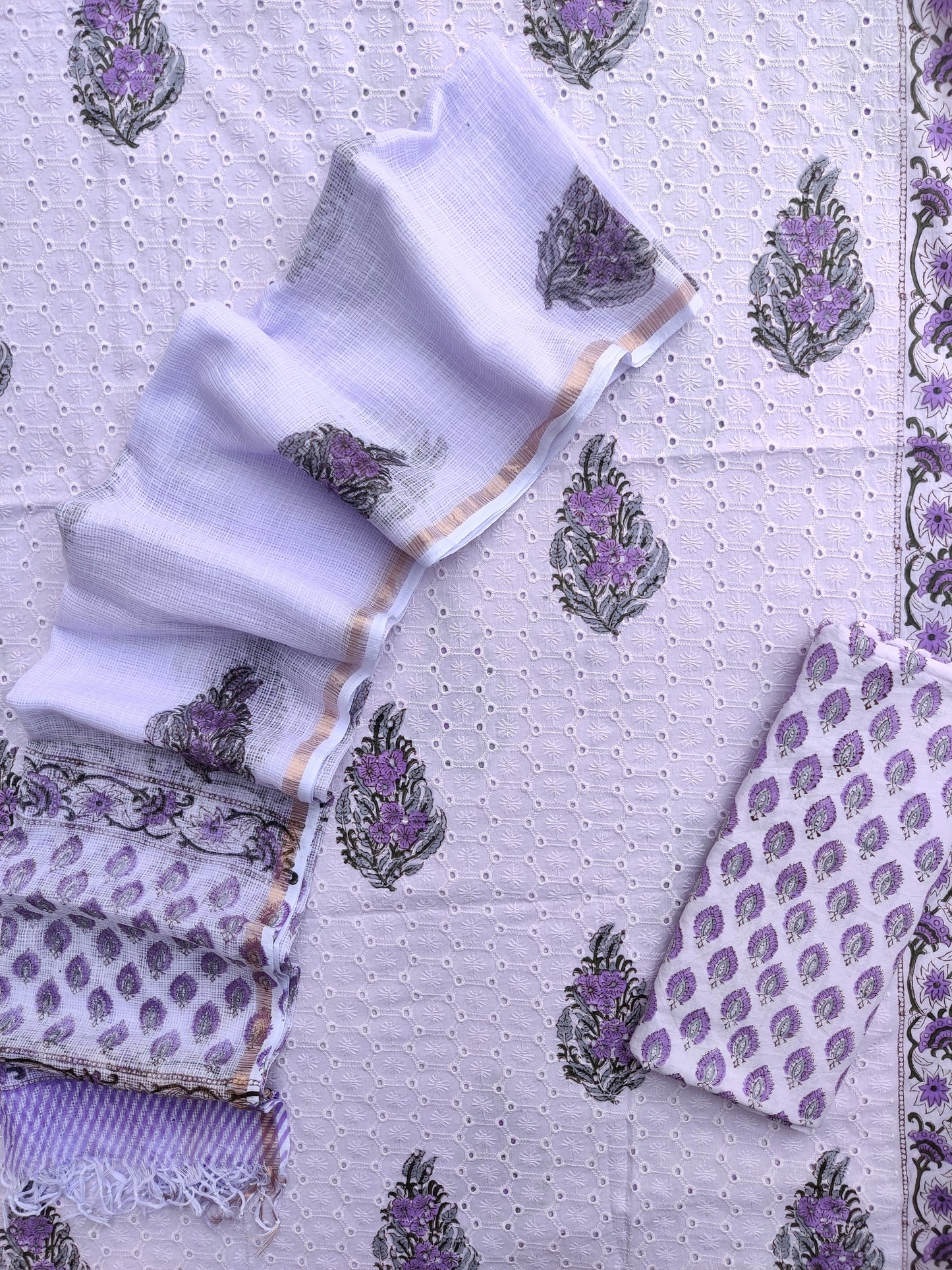 Hand Block Printed Cotton Schiffli Suit with Kota Doria Dupatta