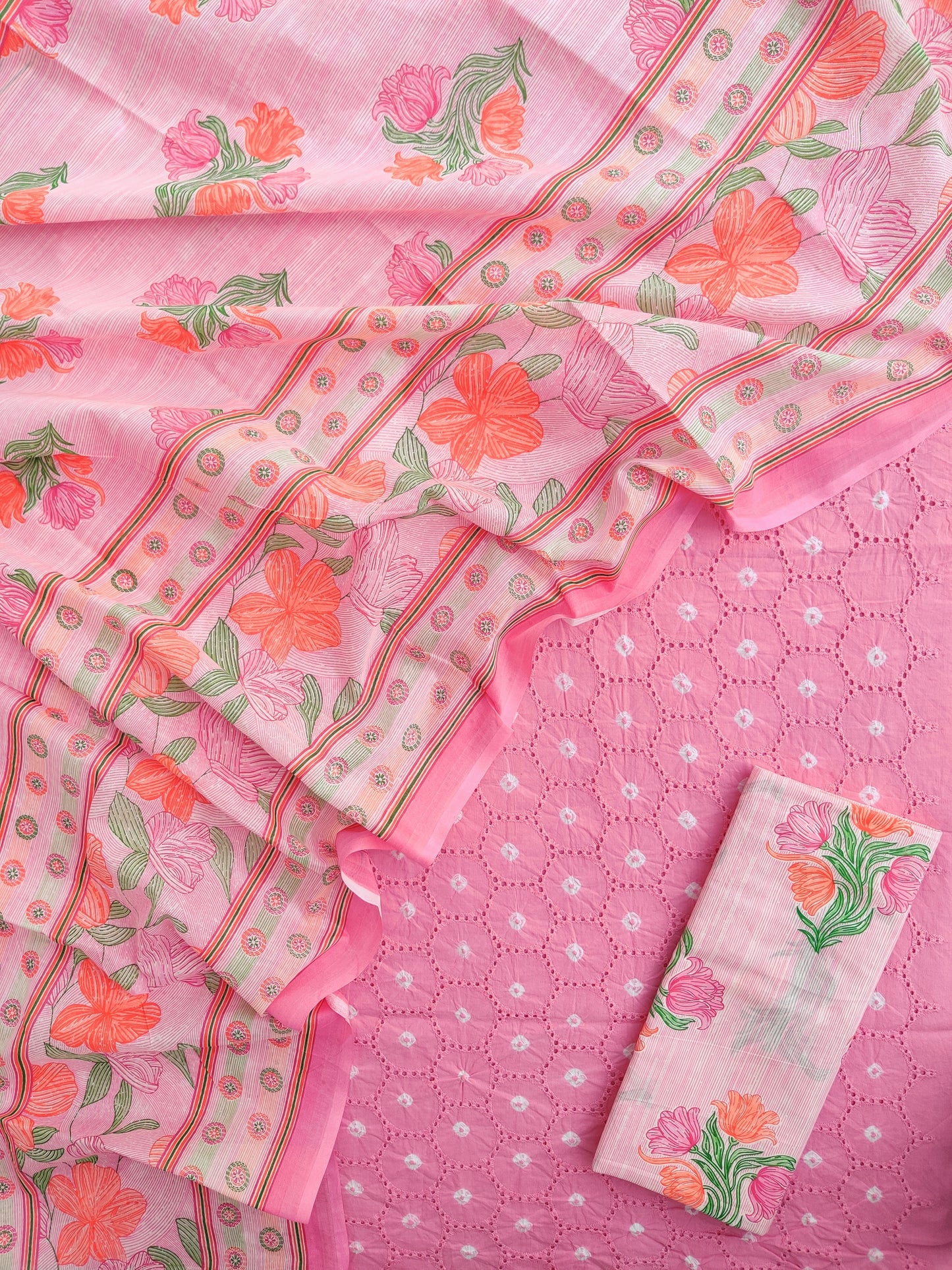 BANDHANI Schiffli Suit with Mulmul Dupatta