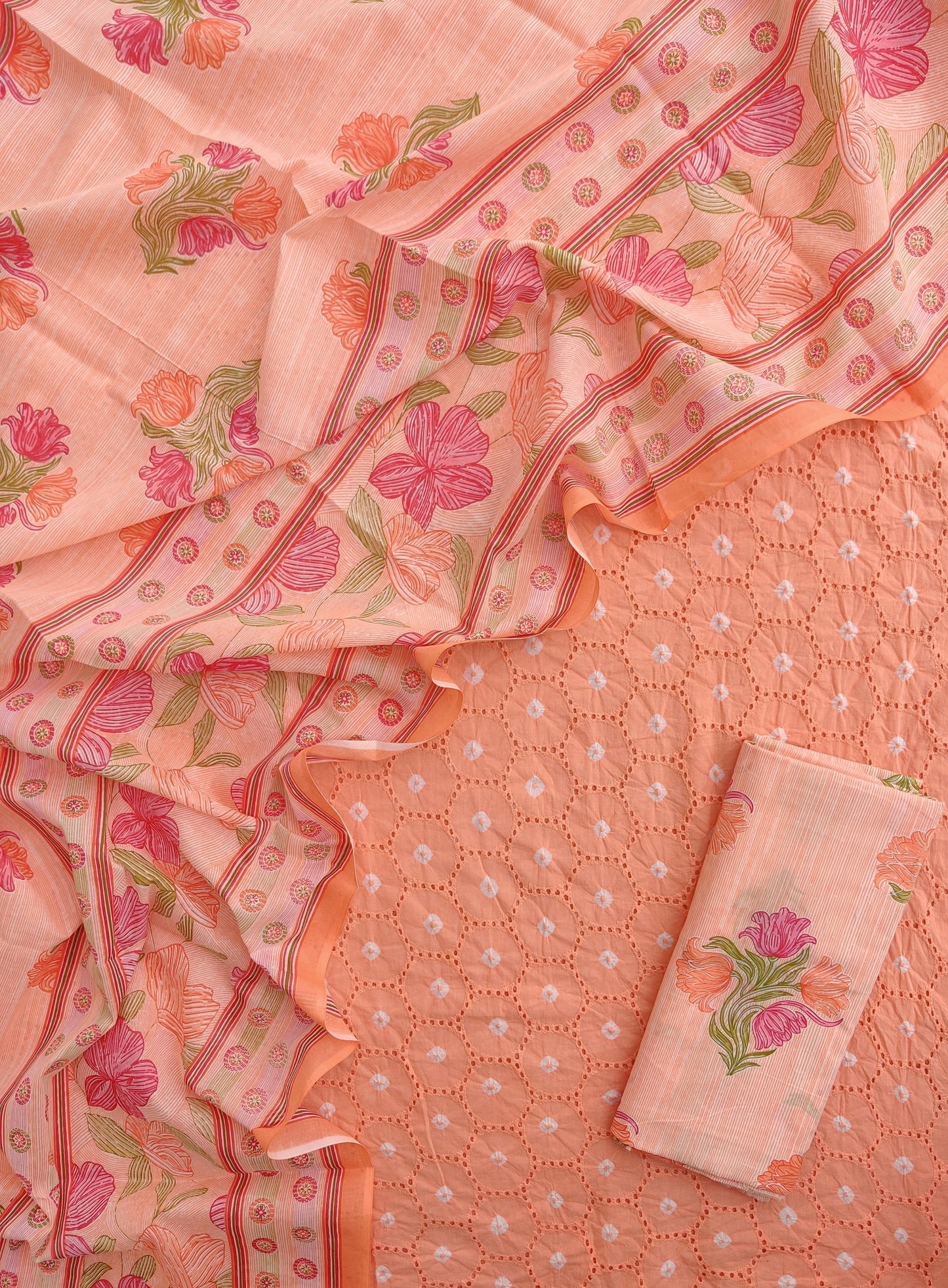 BANDHANI Schiffli Suit with Mulmul Dupatta